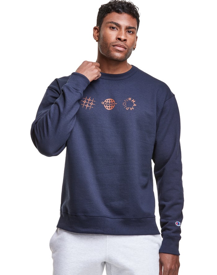 Champion Sweatshirt Heren - Donkerblauw - Powerblend Fleece Crew Multi-Logos ( 523864-PKG )